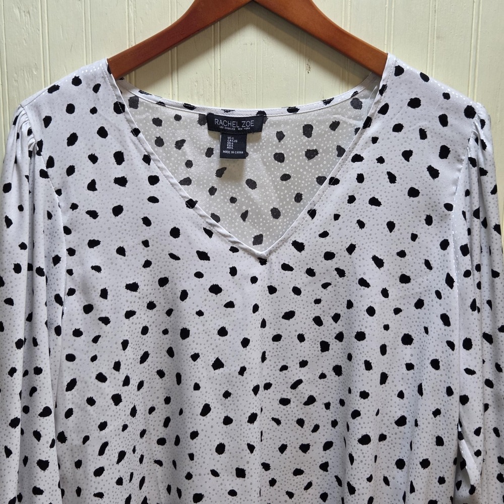 Rachel Zoe Blouse Womens Large White Black Polka‎ Dot V Neck Long Sleeve Top